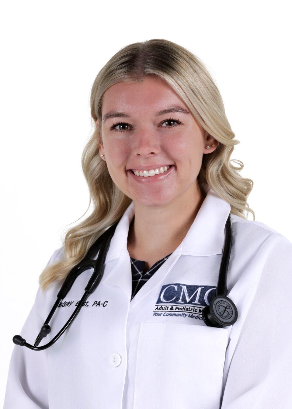 Lindsey Best, PA-C, Wearing a White Medical Coat and Stethoscope in Clarkston, MI